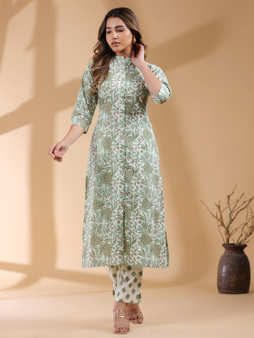 Naari By Shree Cream Pure Cotton Floral Printed Straight Kurta Pant Set