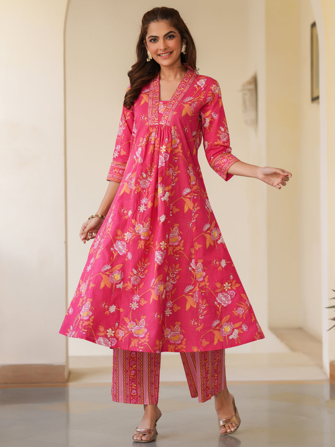 Naari By Shree Pink Pure Cotton Floral Printed A-line Kurta Pant Set