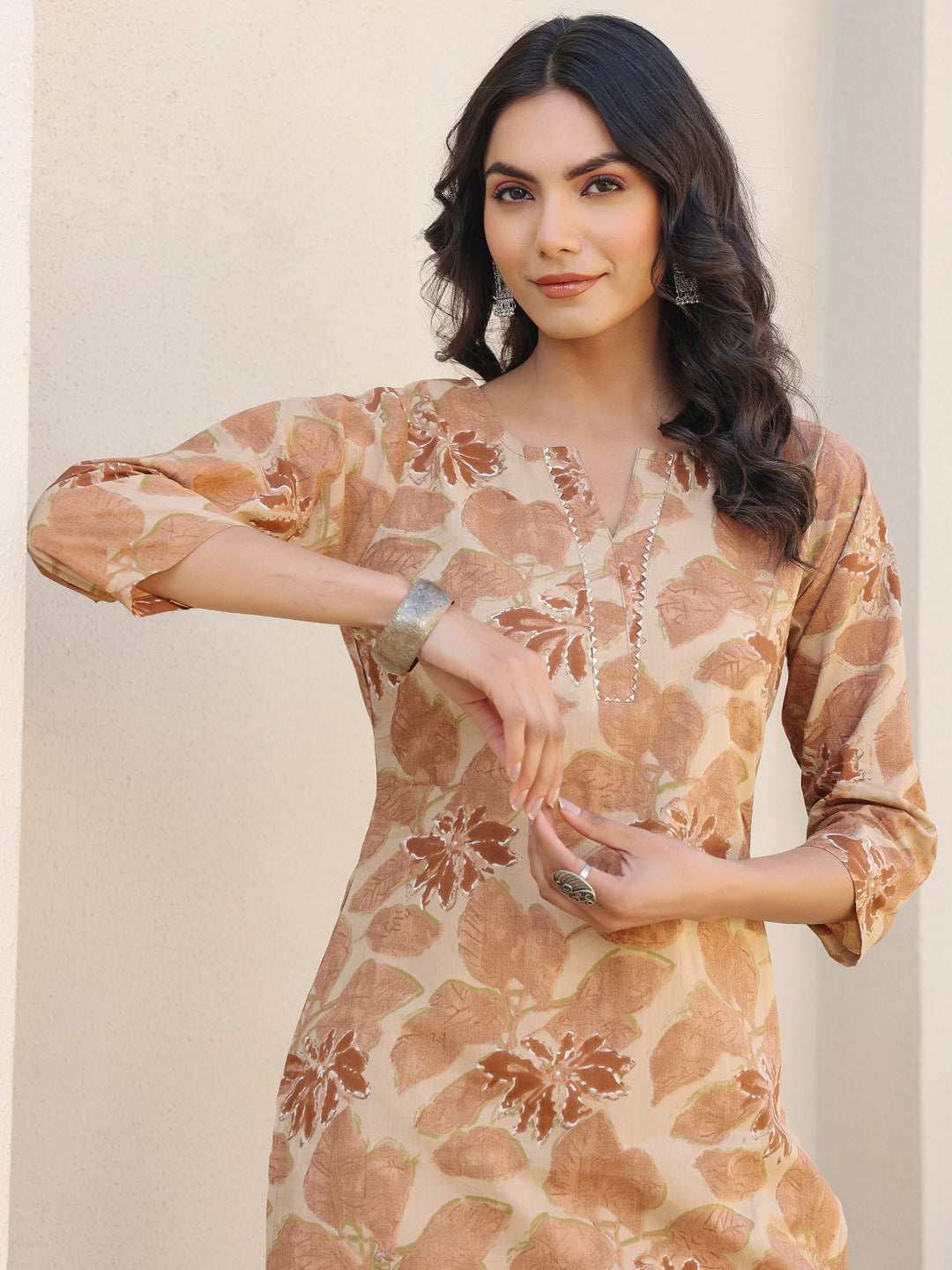 Naari By Shree Beige Pure Cotton Floral Printed Straight Kurta Pant Set