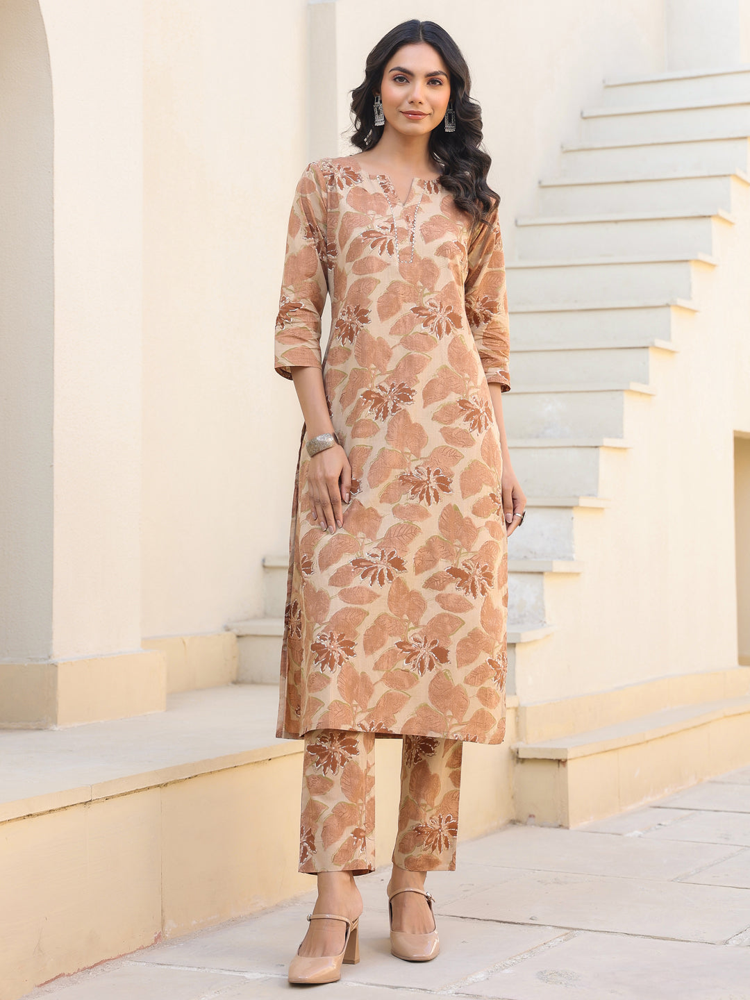 Naari By Shree Beige Pure Cotton Floral Printed Straight Kurta Pant Set