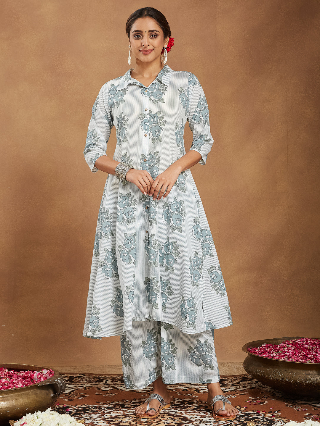Naari By Shree Women's White Pure Cotton Floral Printed A-line Shirt Style Kurta With Pant Set