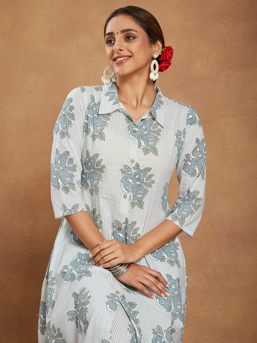 Naari By Shree Women's White Pure Cotton Floral Printed A-line Shirt Style Kurta With Pant Set