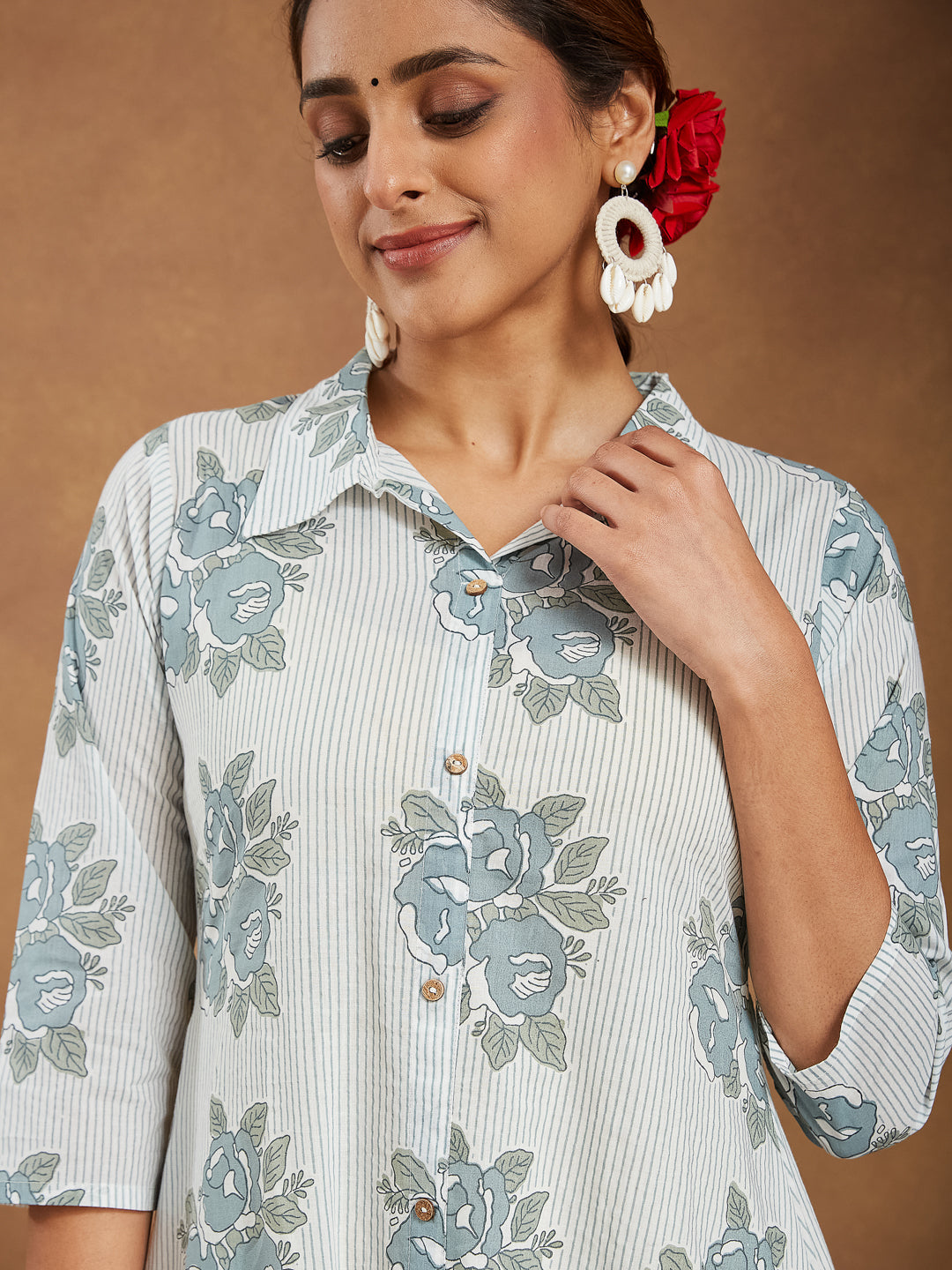 Naari By Shree Women's White Pure Cotton Floral Printed A-line Shirt Style Kurta With Pant Set