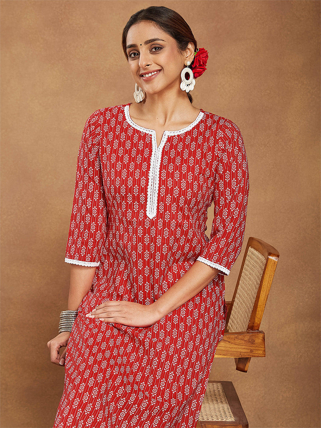 Naari By Shree Women's Red Pure Cotton Ethnic Motifs Printed Straight Kurta Pant Set