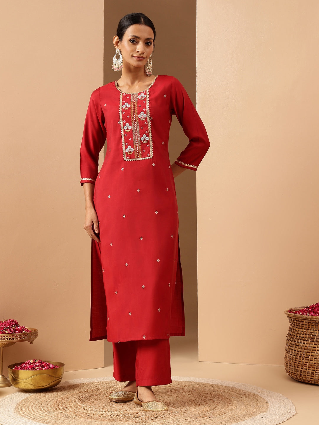 Naari By Shree Women's Red Chanderi Silk Zari Embroidered Straight Kurta Pant Set