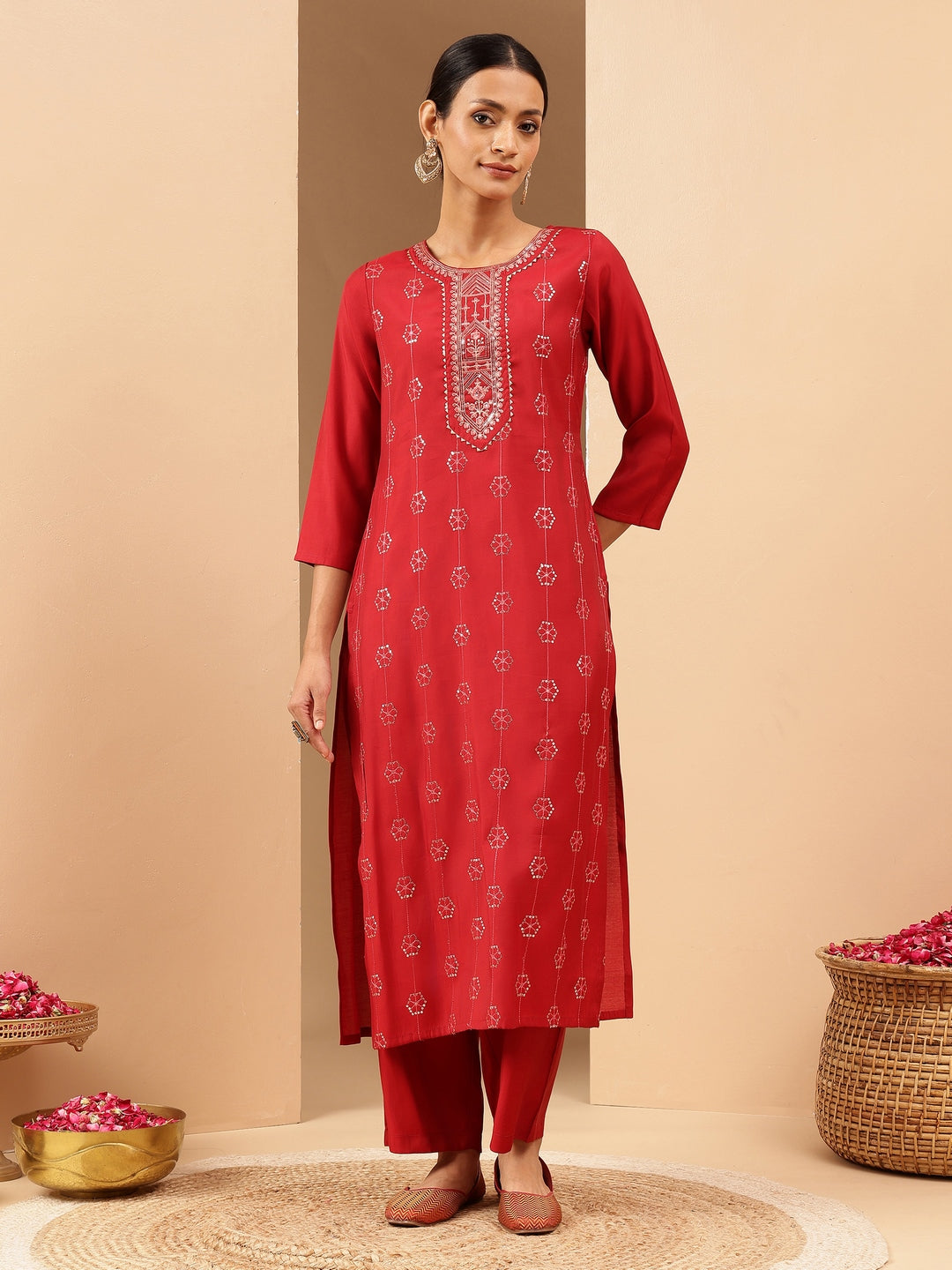Naari By Shree Women's Red Chanderi Silk Embellished Straight Kurta Pant Set