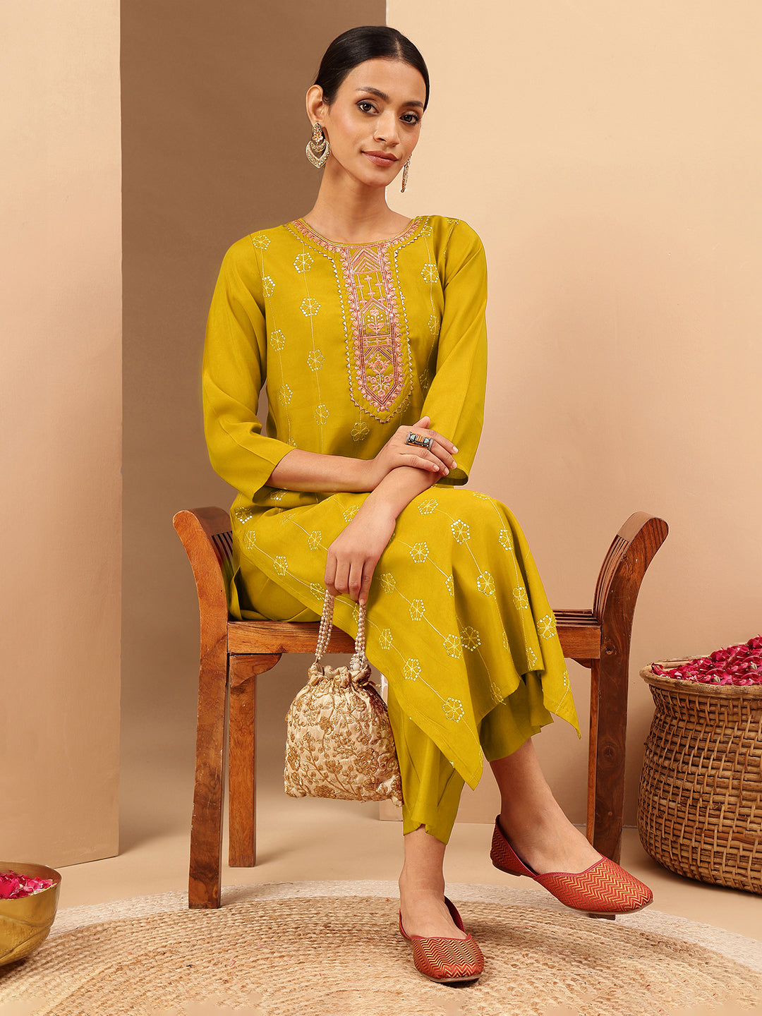 Naari By Shree Women's Mustard Chanderi Silk Embellished Straight Kurta Pant Set