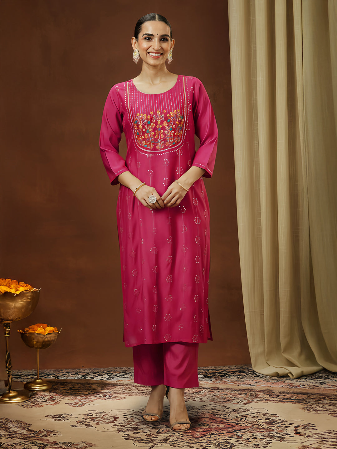 Naari By Shree Women's Pink Silk Blend Embroidered Straight Kurta Pant Set