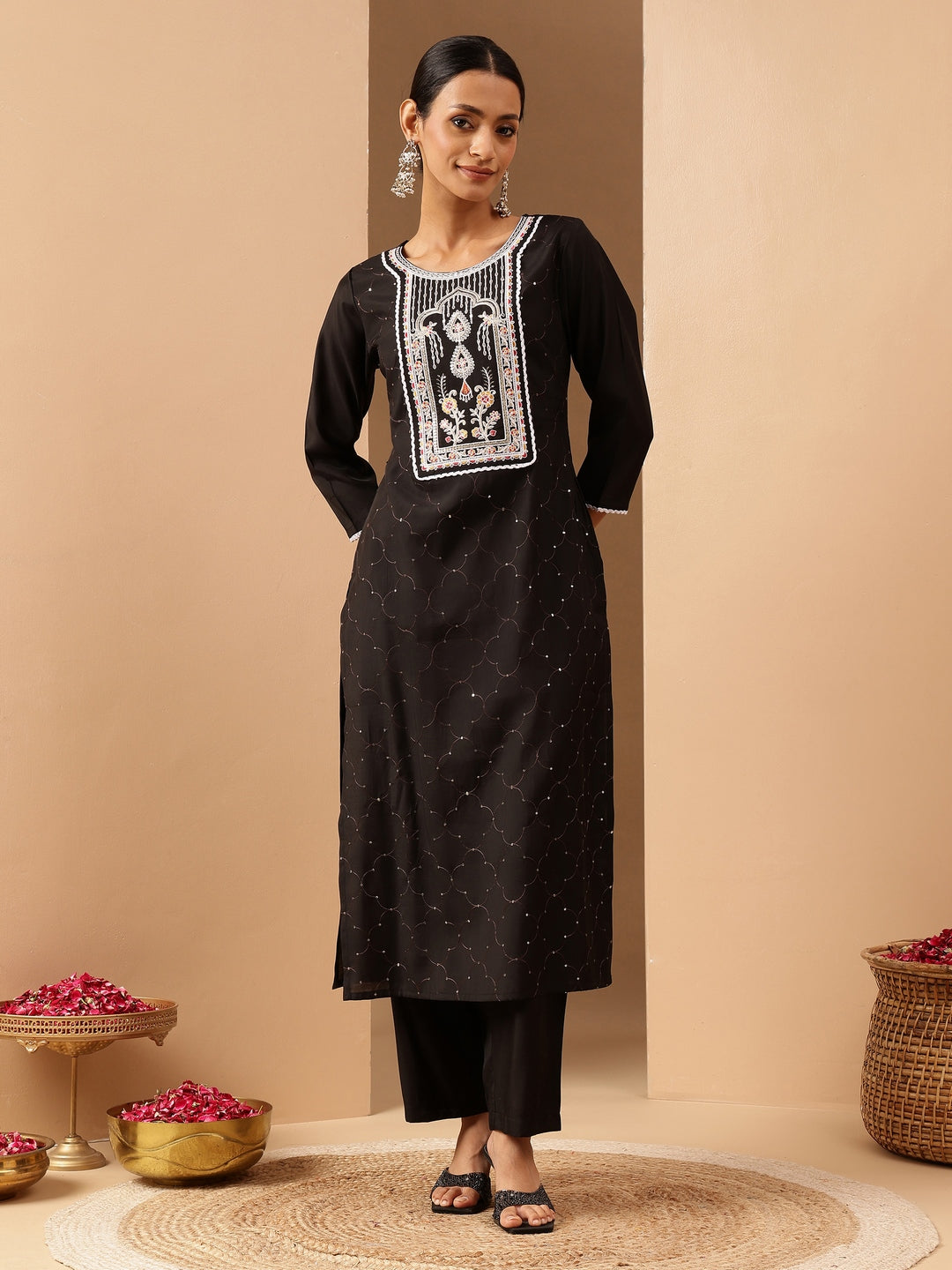 Naari By Shree Women's Black Chanderi Silk Embroidered Straight Kurta Pant Set