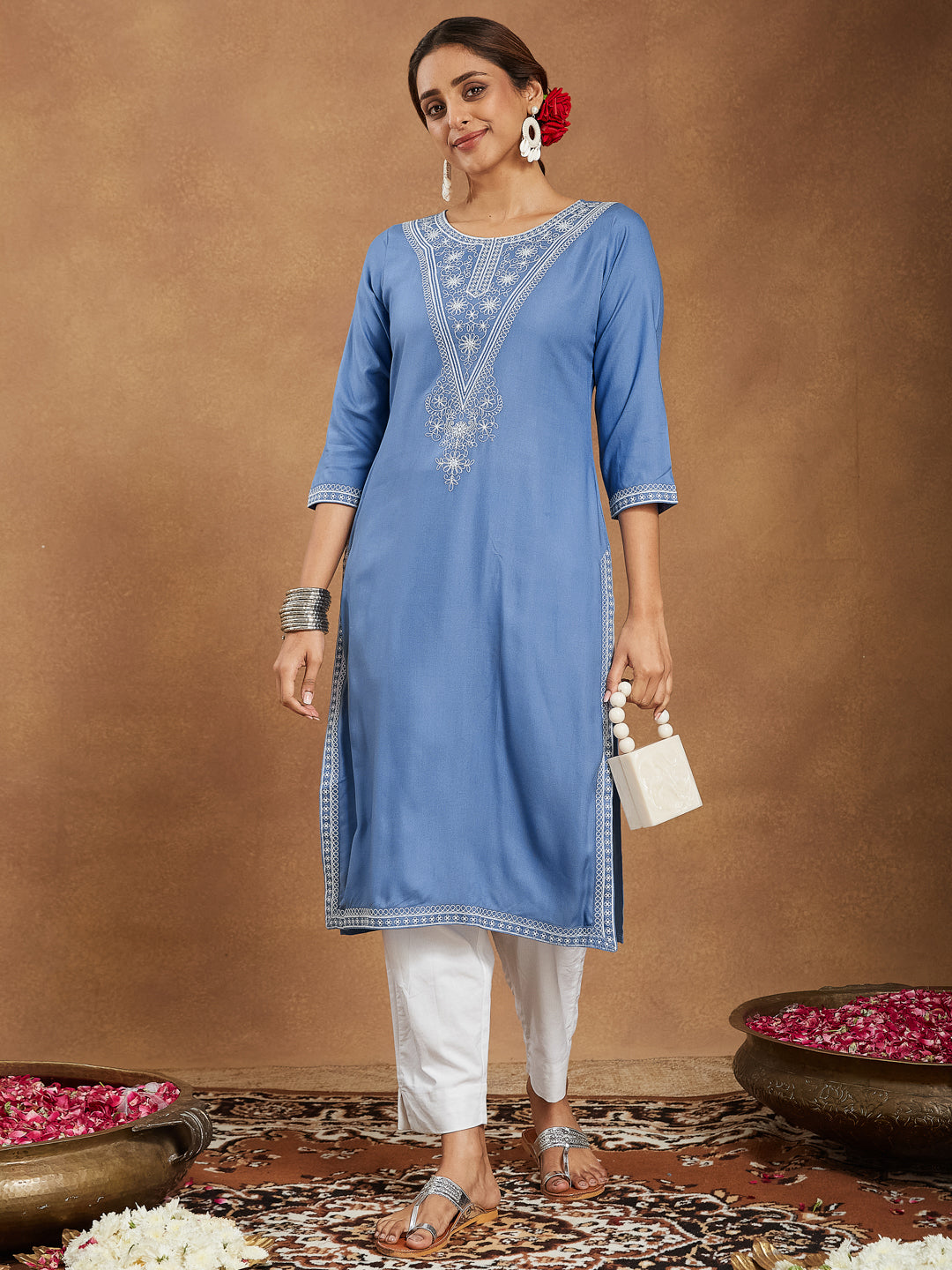 Naari By Shree Women's Sky Blue Rayon Embroidered Straight Kurta
