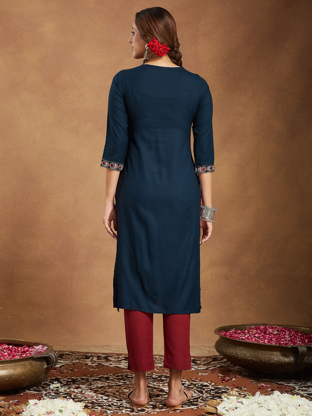 Naari By Shree Women's Navy Blue Rayon Embroidered Straight Kurta