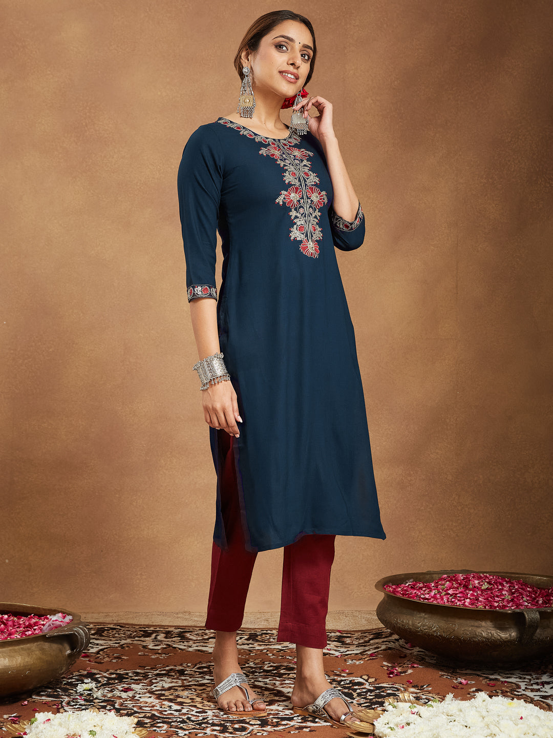 Naari By Shree Women's Navy Blue Rayon Embroidered Straight Kurta