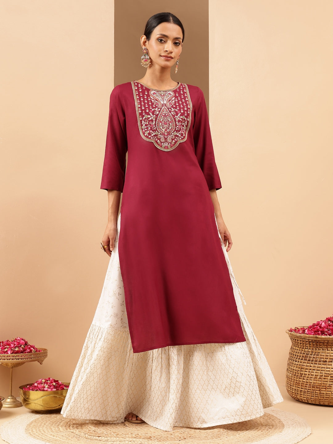 Naari By Shree Women's Wine Royan Yoke Embroidered Straight Kurta