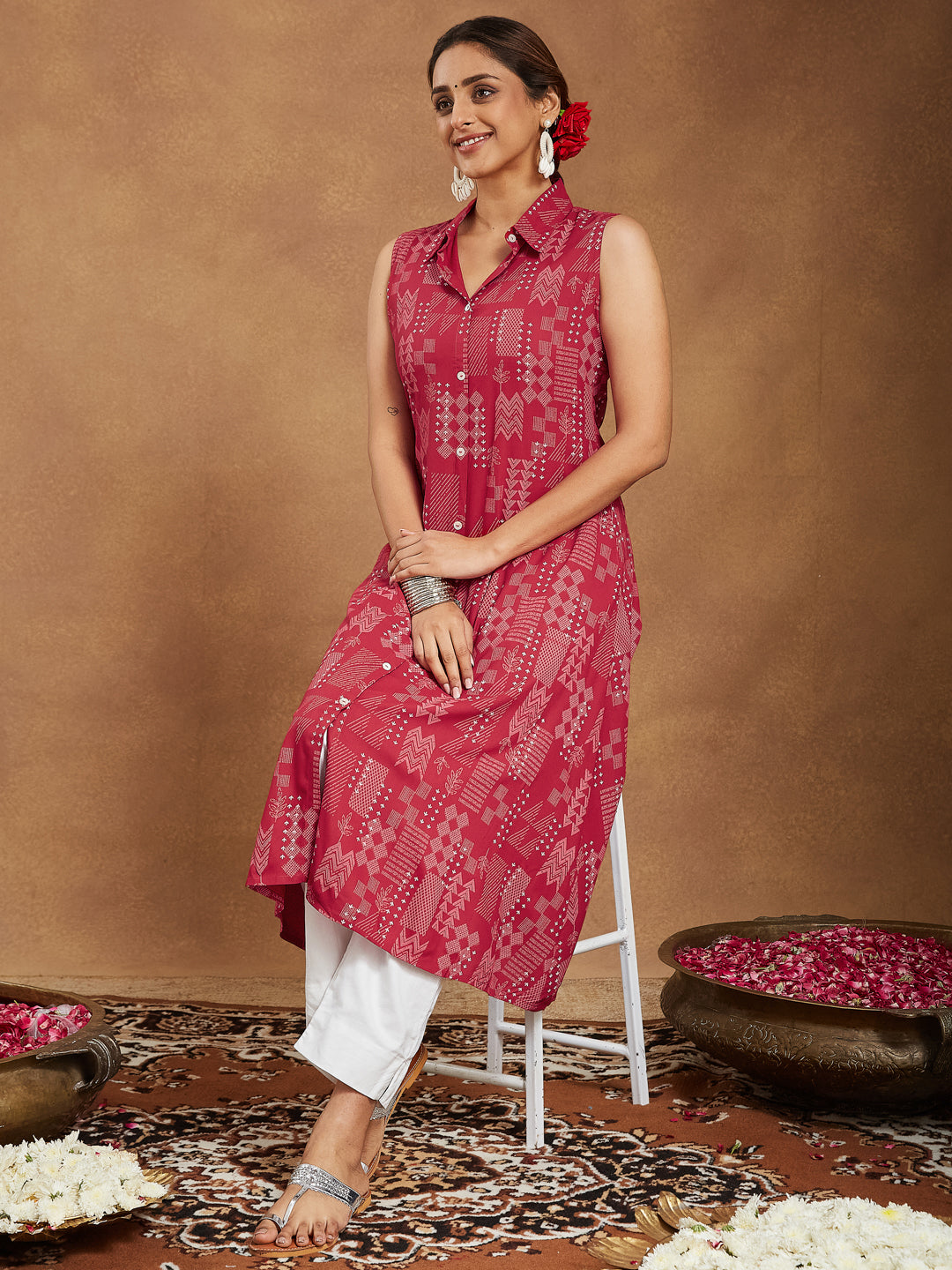 Naari By Shree Women's Red Rayon Geometric Printed A-line Shirt Kurta