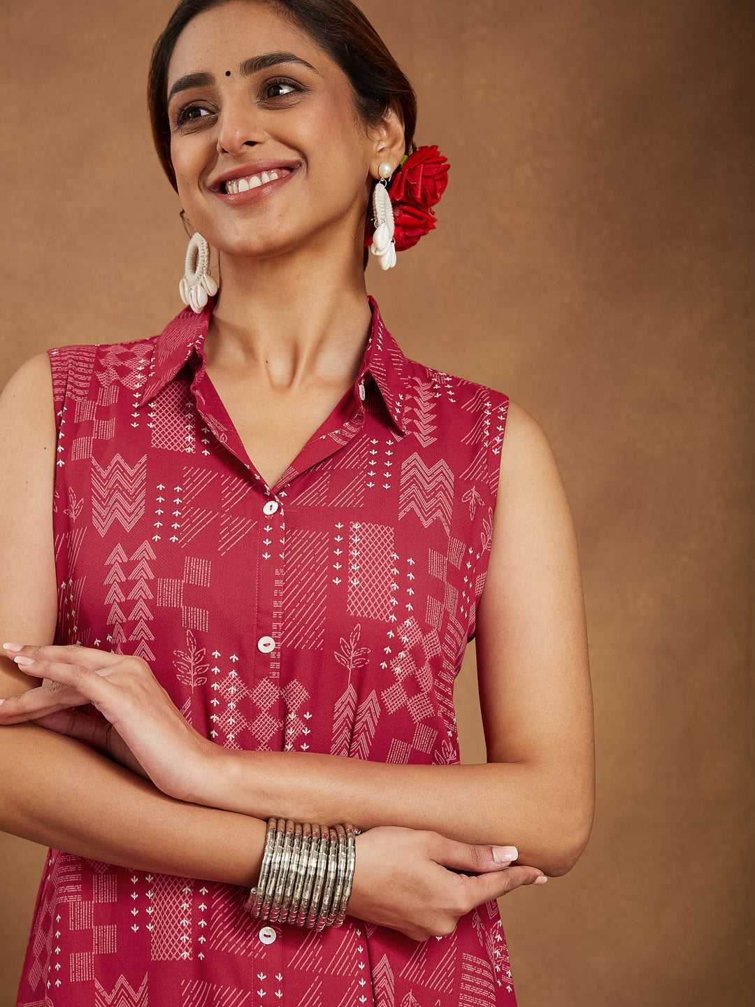 Naari By Shree Women's Red Rayon Geometric Printed A-line Shirt Kurta