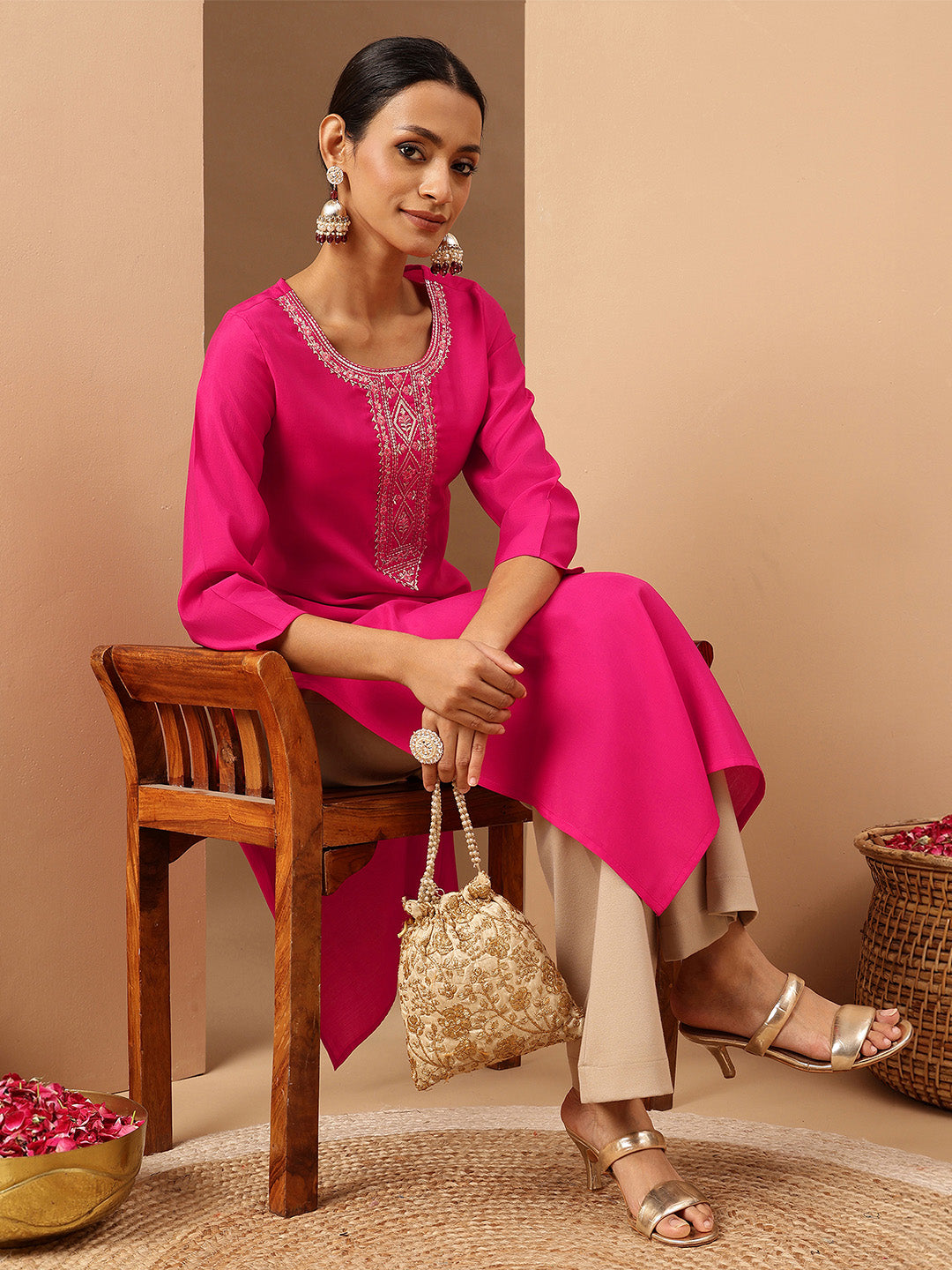 Naari By Shree Women's Pink Chanderi Silk Yoke Embroidery Straight Kurta