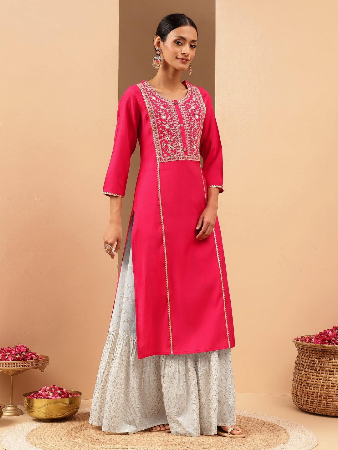 Naari By Shree Women's Pink Chanderi Silk Zari Yoke Embroidered Straight Kurta