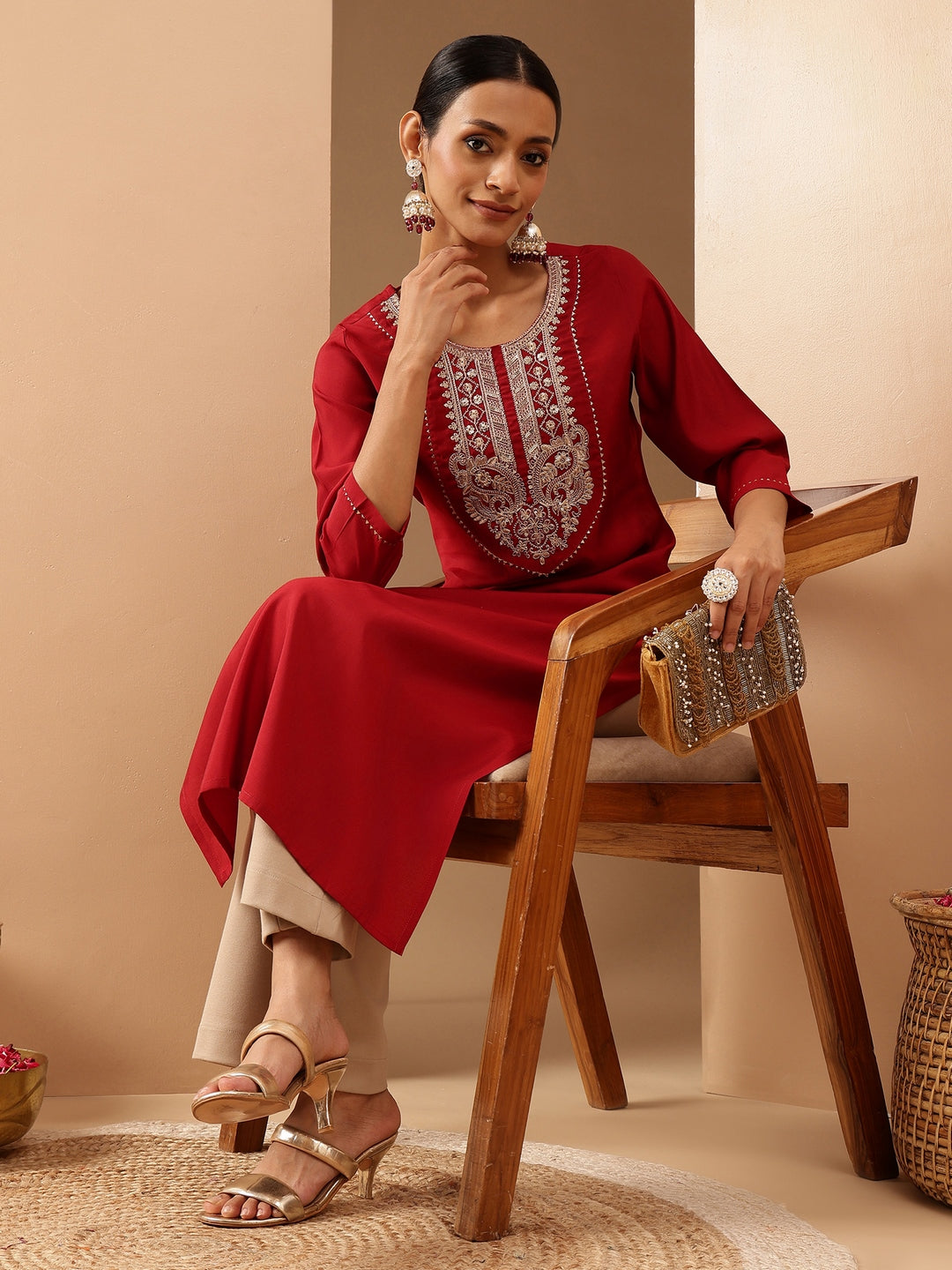 Naari By Shree Women's Maroon Chanderi Silk Yoke Embroidered Straight Kurta.