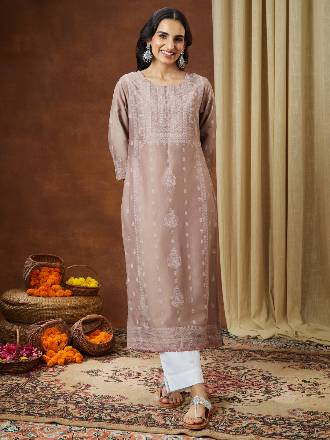 Naari By Shree Women's Brown Silk Blend Ethnic Printed Straight Kurta Set