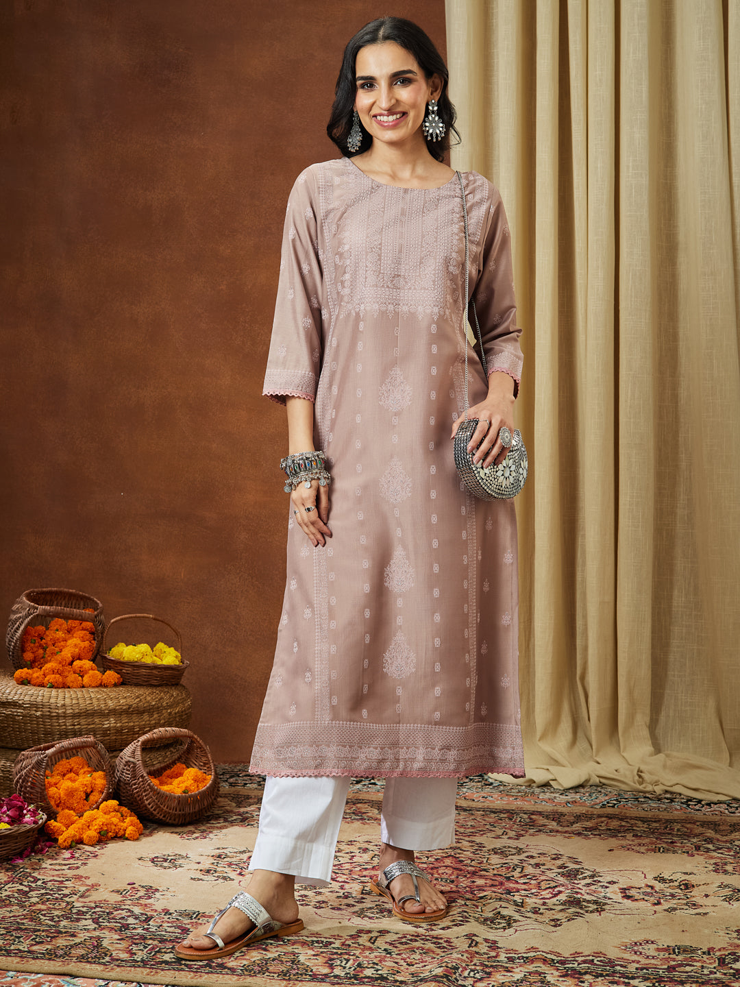 Naari By Shree Women's Brown Silk Blend Ethnic Printed Straight Kurta Set