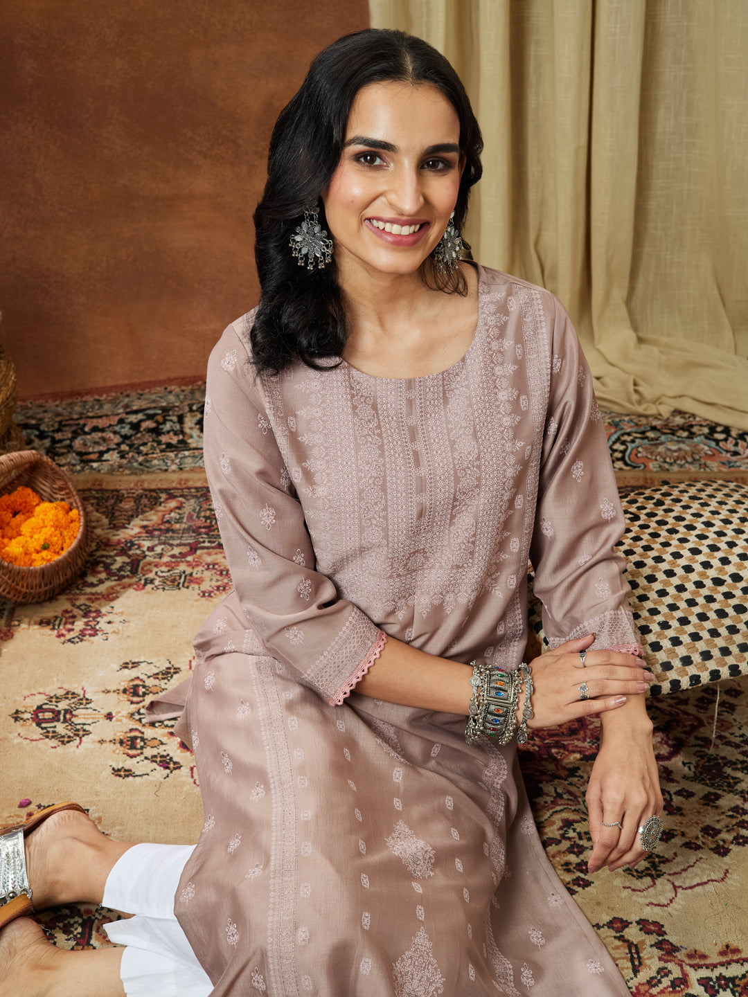 Naari By Shree Women's Brown Silk Blend Ethnic Printed Straight Kurta Set