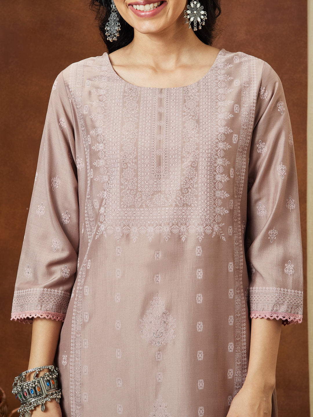 Naari By Shree Women's Brown Silk Blend Ethnic Printed Straight Kurta Set