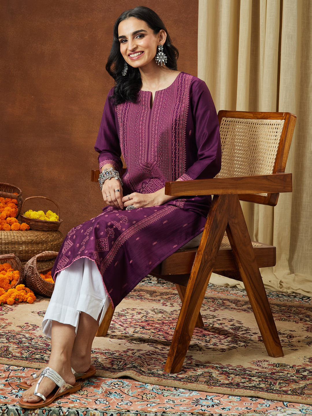 Naari By Shree Women's Wine Silk Blend Ethnic Printed Straight Kurta