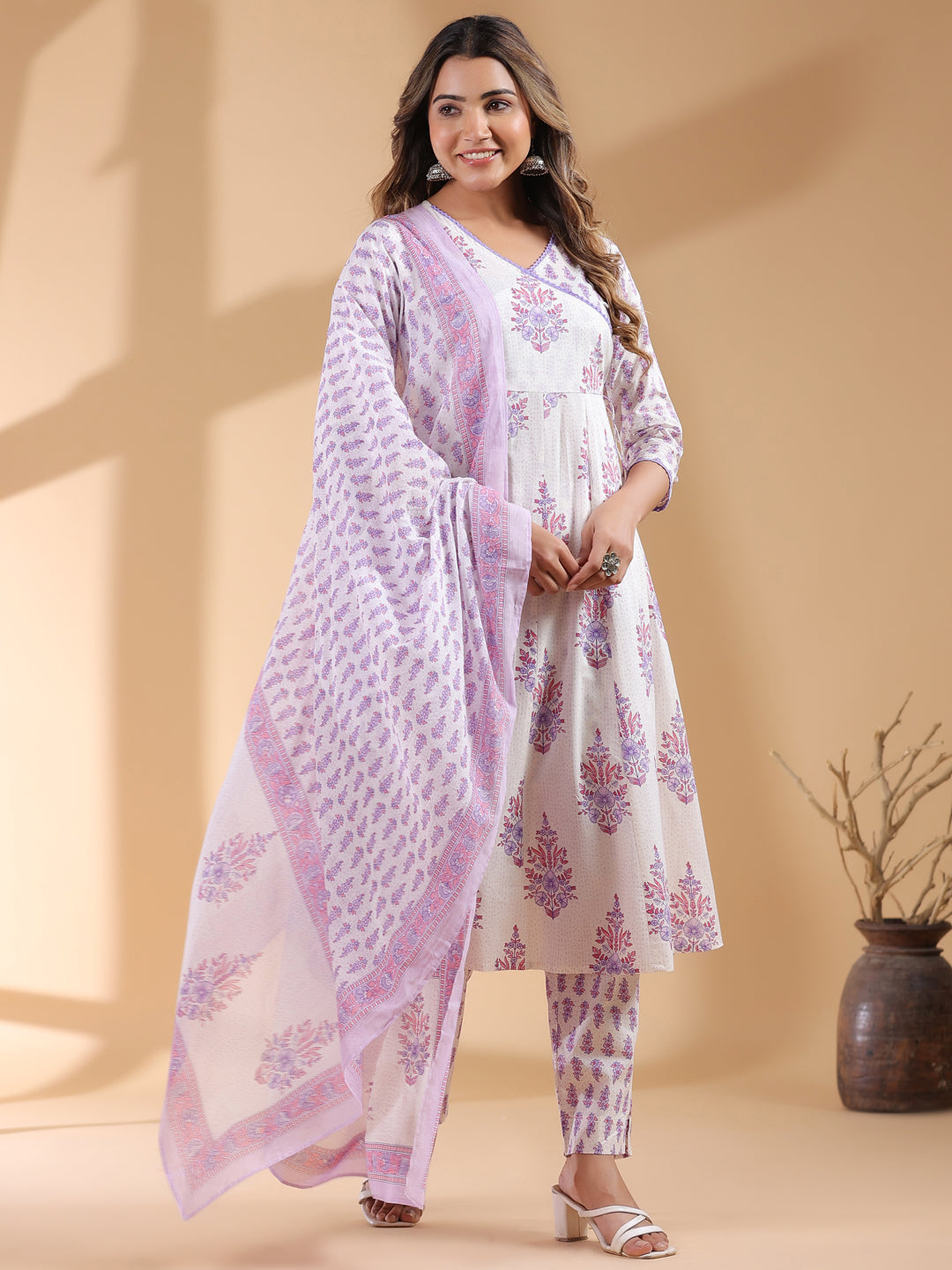 Naari By Shree White Pure Cotton Floral Printed Angrakha Kurta Set