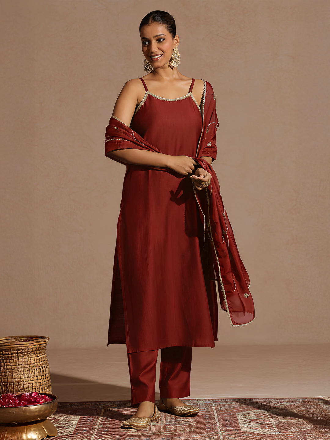 Naari By Shree Women's Maroon Silk Blend Embellished Straight Kurta Set