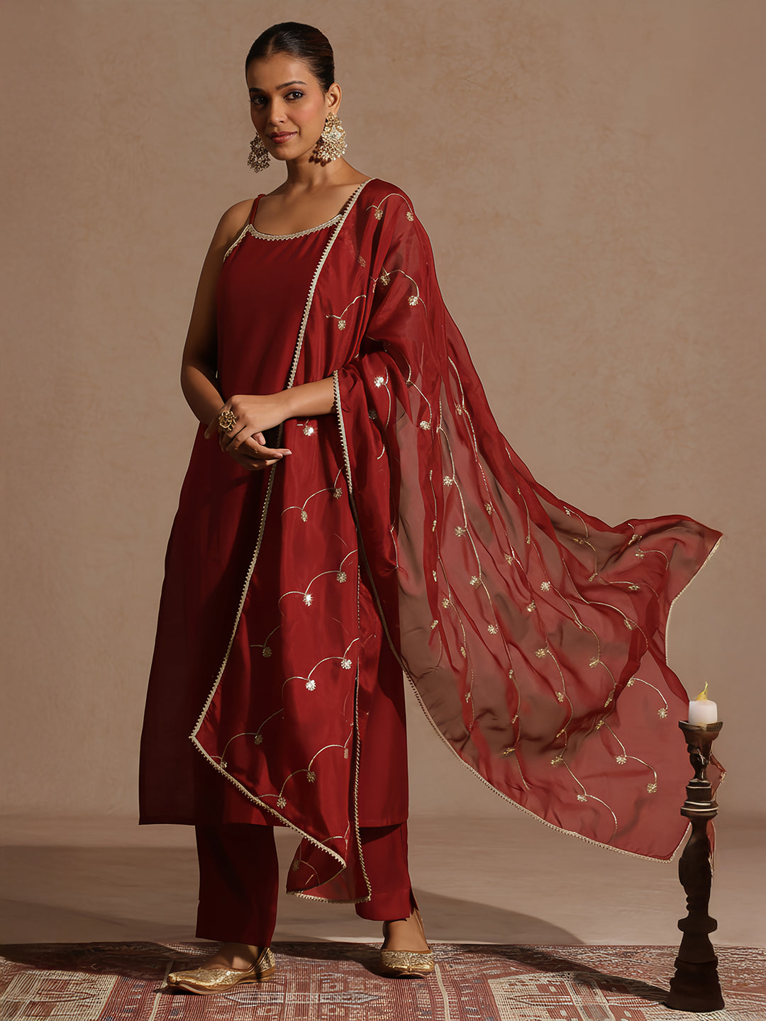 Naari By Shree Women's Maroon Silk Blend Embellished Straight Kurta Set