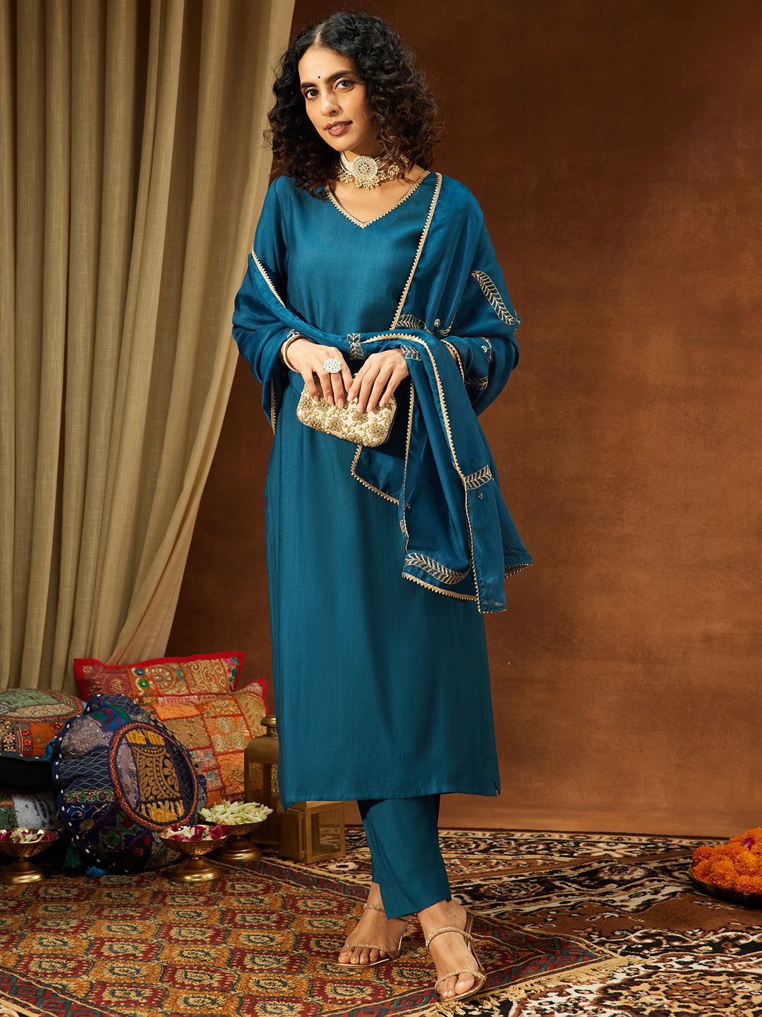 Naari By Shree Women's Teal Blue Silk Blend Embellished Straight Kurta Set