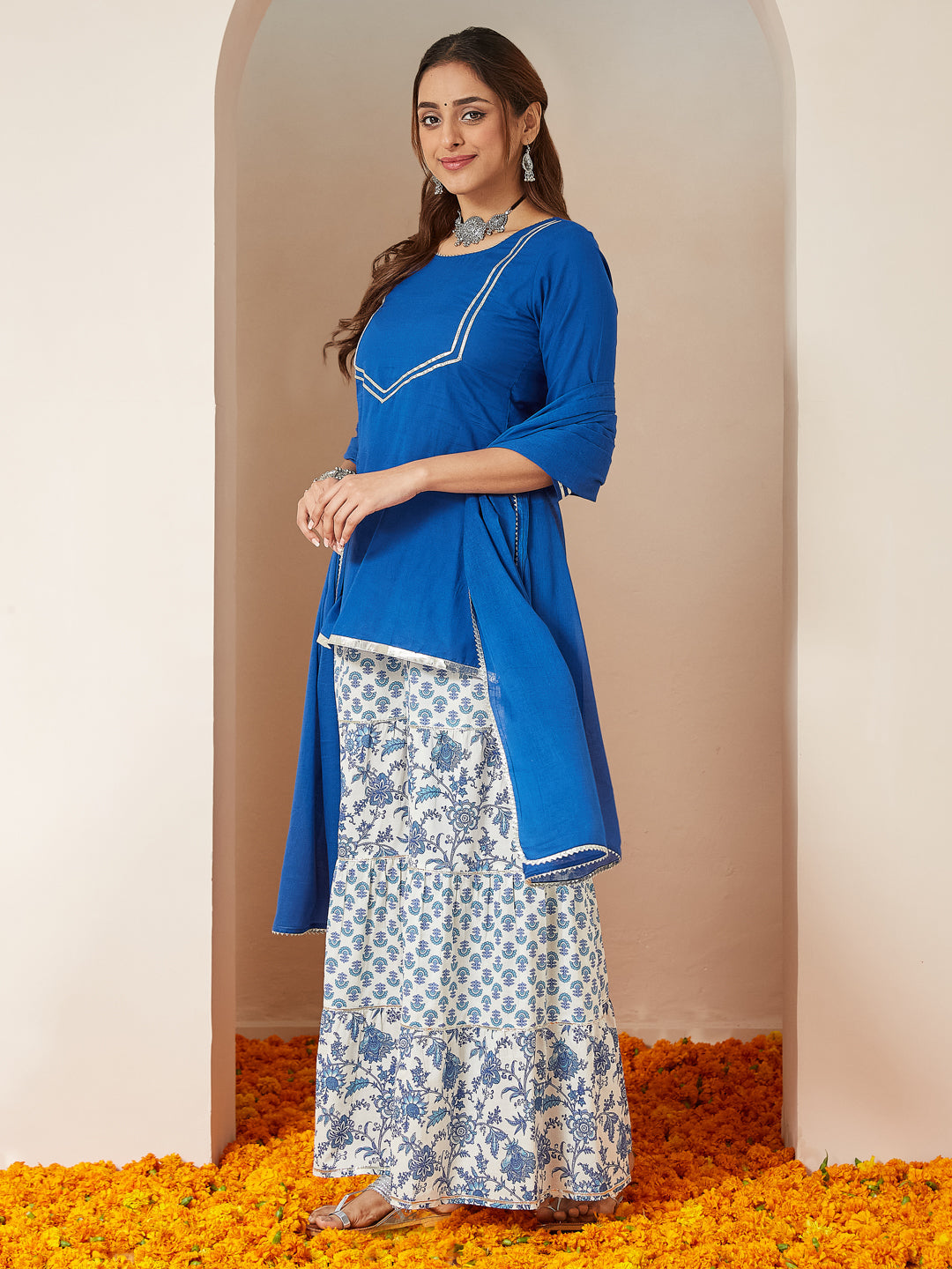 Naari By Shree Women's Blue Pure Cotton Yoke Design Straight Kurti With Printed Sharara & Dupatta Set