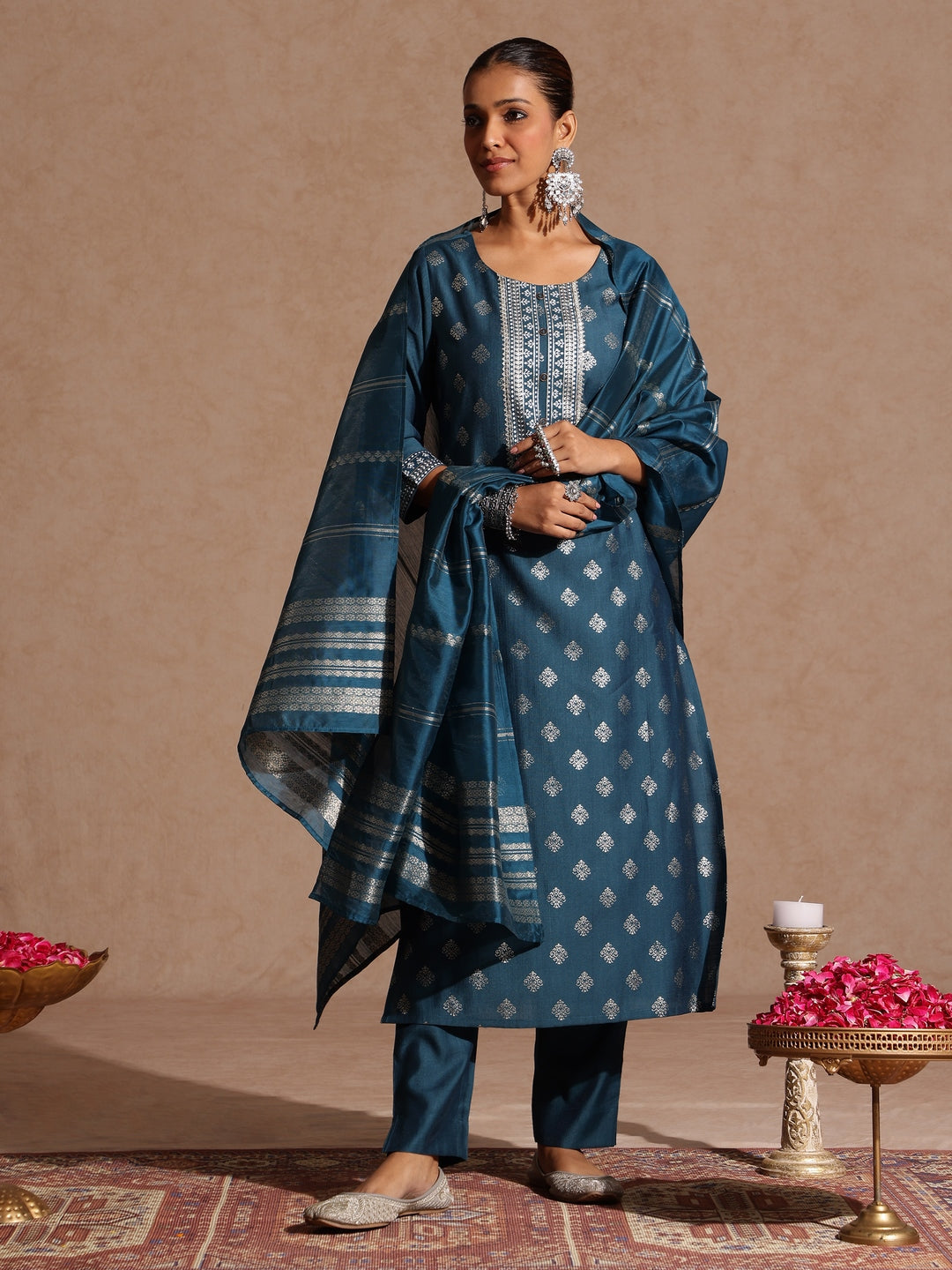 Naari By Shree Women's Teal Blue Silk Blend Embellished Gold Foil Printed Straight Kurta Set