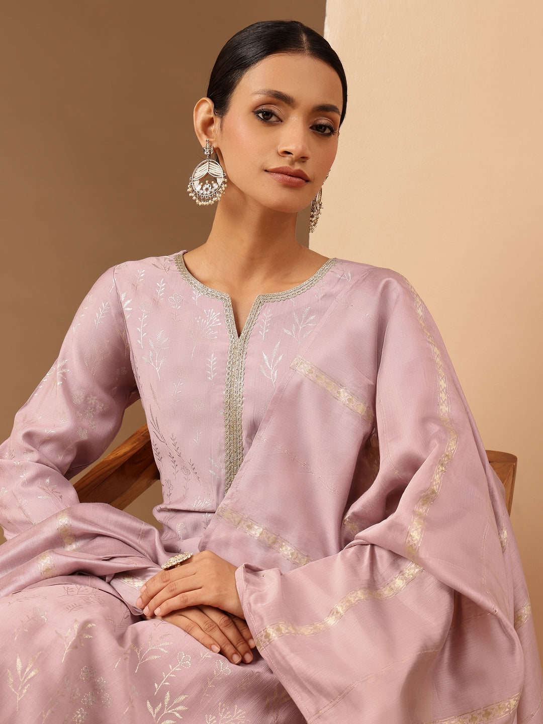 Naari By Shree Women's Lavender Silk Blend Embellished Gold Printed Straight Kurta Set