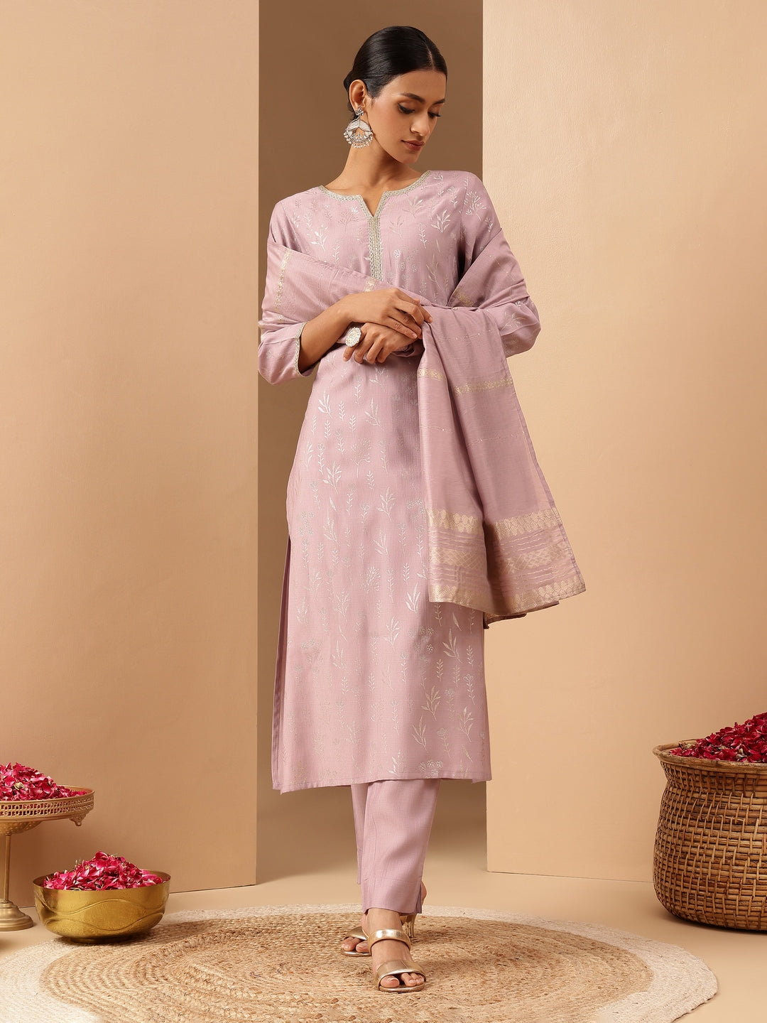 Naari By Shree Women's Lavender Silk Blend Embellished Gold Printed Straight Kurta Set