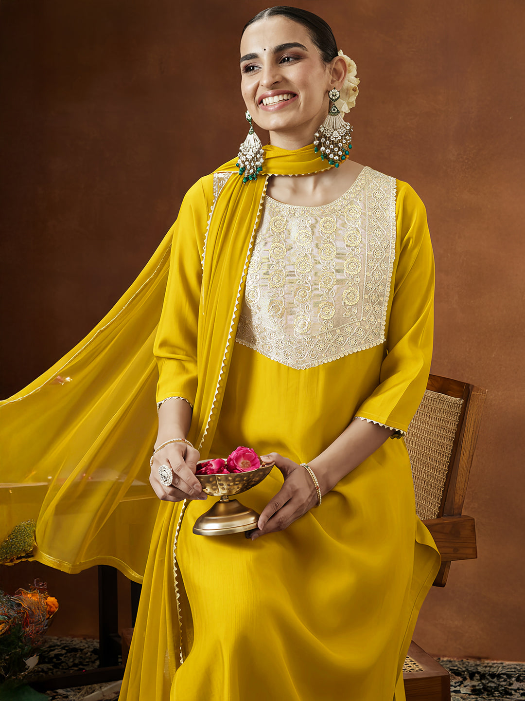 Naari By Shree Women's Mustard Silk Blend Embellished Straight Kurta Set