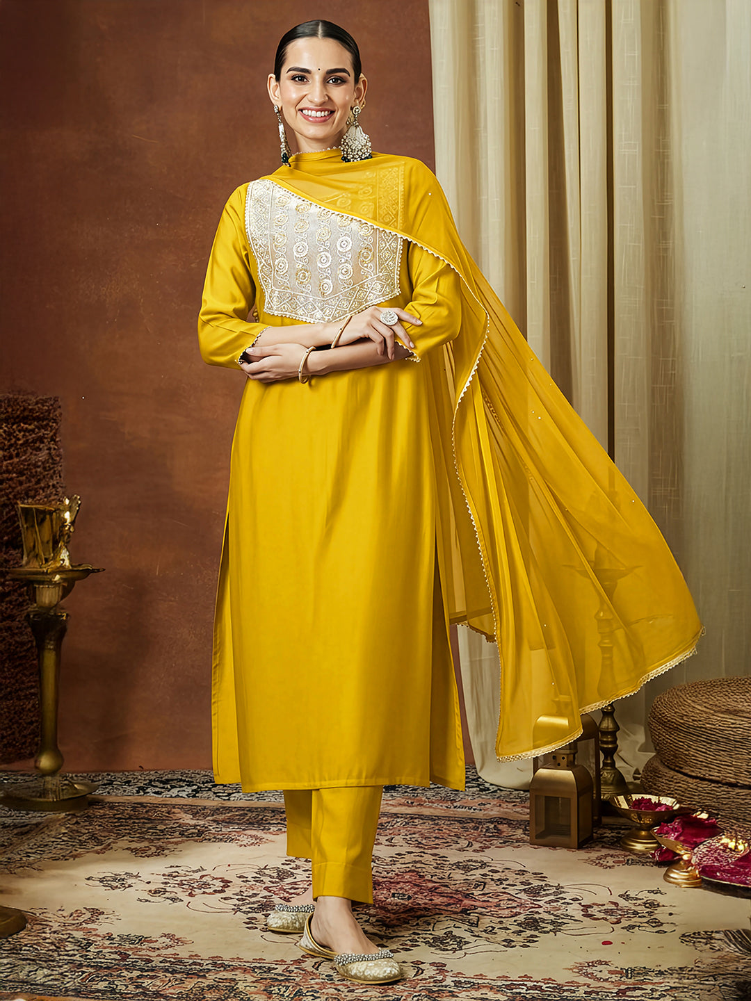 Naari By Shree Women's Mustard Silk Blend Embellished Straight Kurta Set