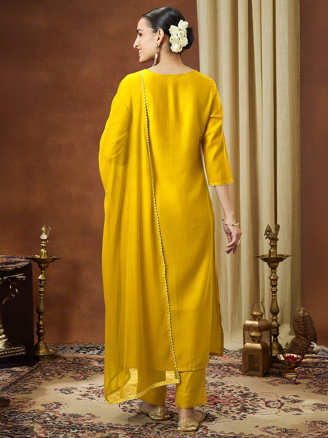 Naari By Shree Women's Mustard Silk Blend Embellished Straight Kurta Set