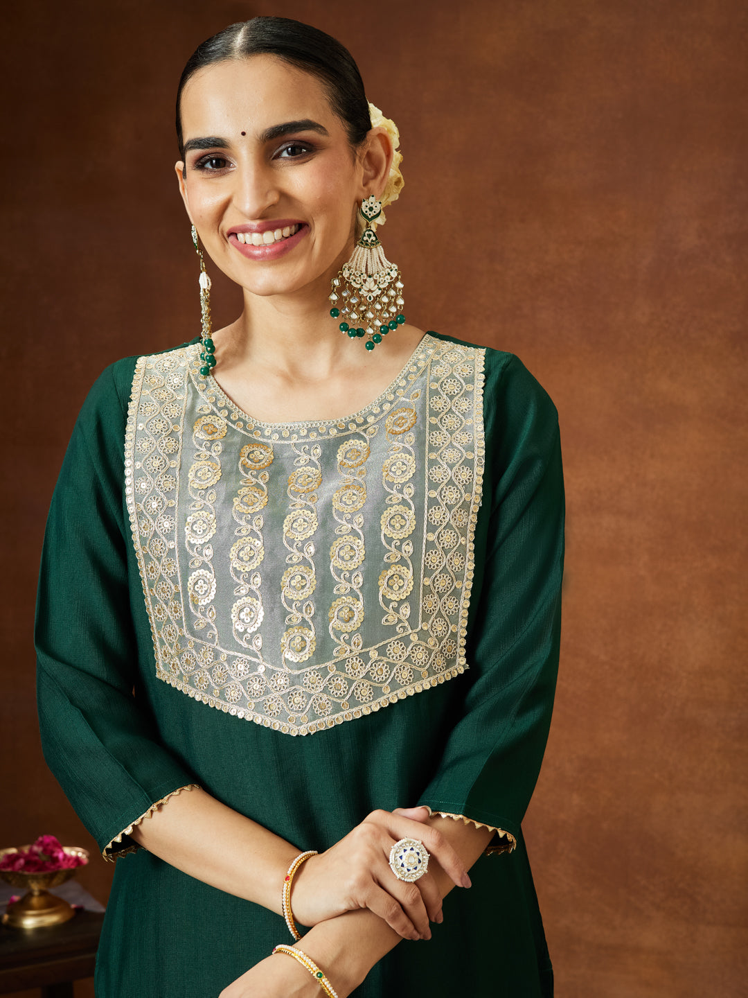 Naari By Shree Women's Bottle Green Silk Blend Embellished Yoke Design Straight Kurta Set