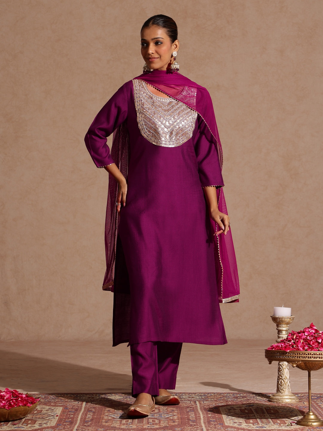 Naari By Shree Women's Purple Silk Blend Zari Yoke Embroidery Straight Kurta Set