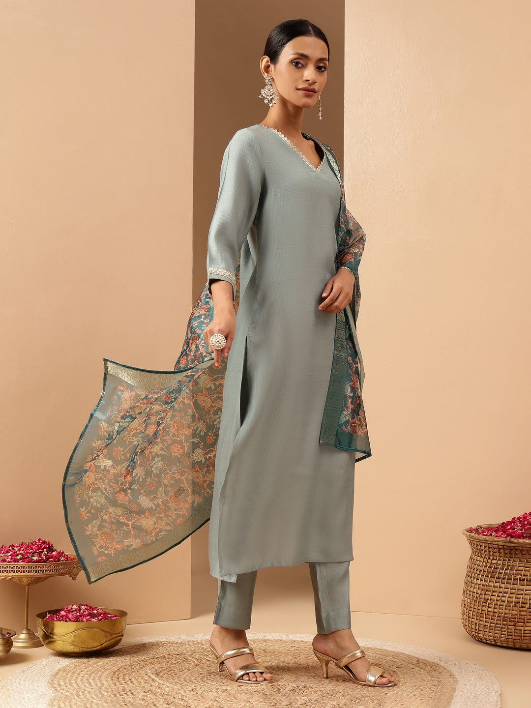 Naari By Shree Women's Powder Blue Silk Blend Embellished Straight Kurta Set With Printed Jacquard Dupatta