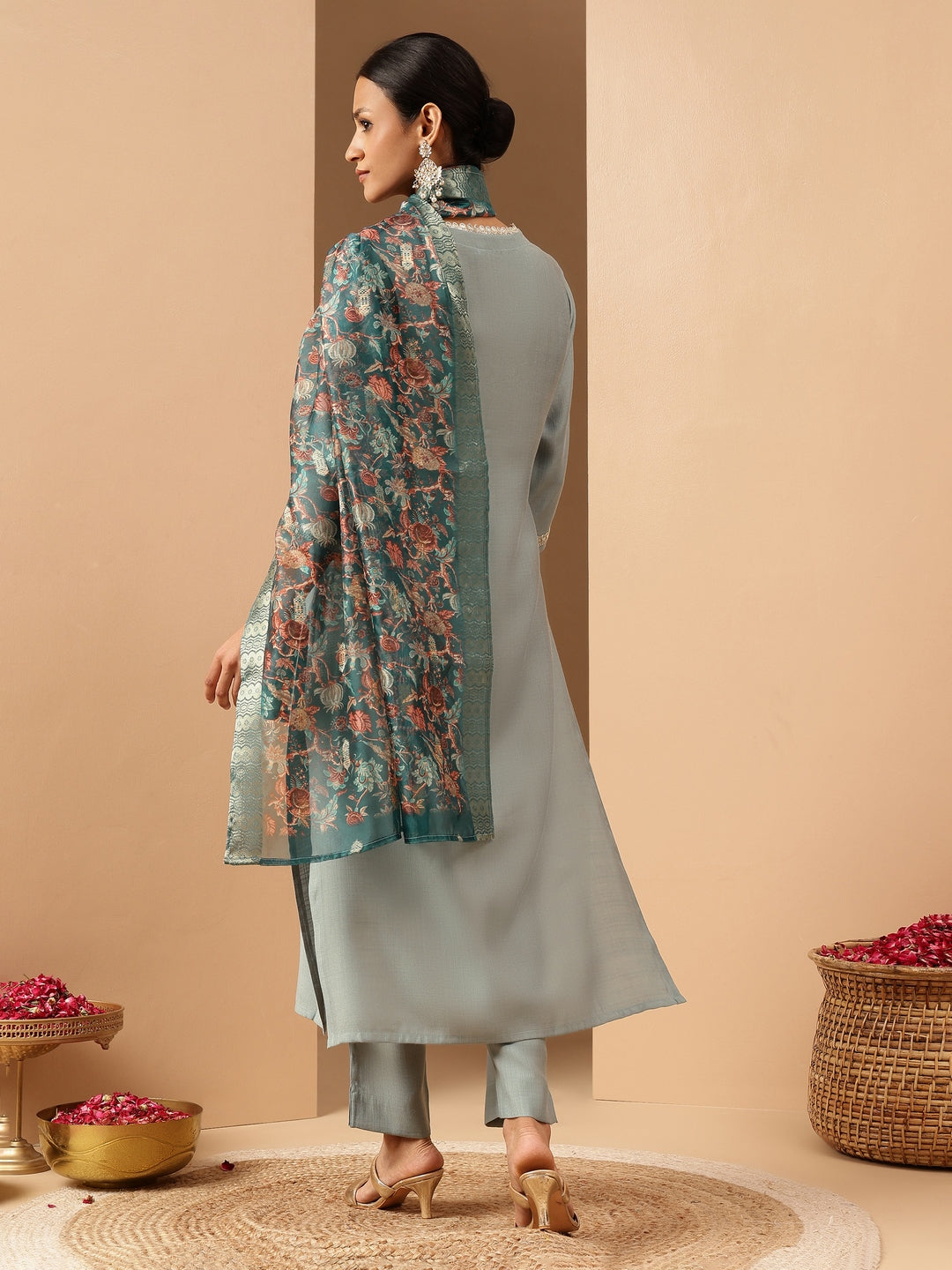 Naari By Shree Women's Powder Blue Silk Blend Embellished Straight Kurta Set With Printed Jacquard Dupatta