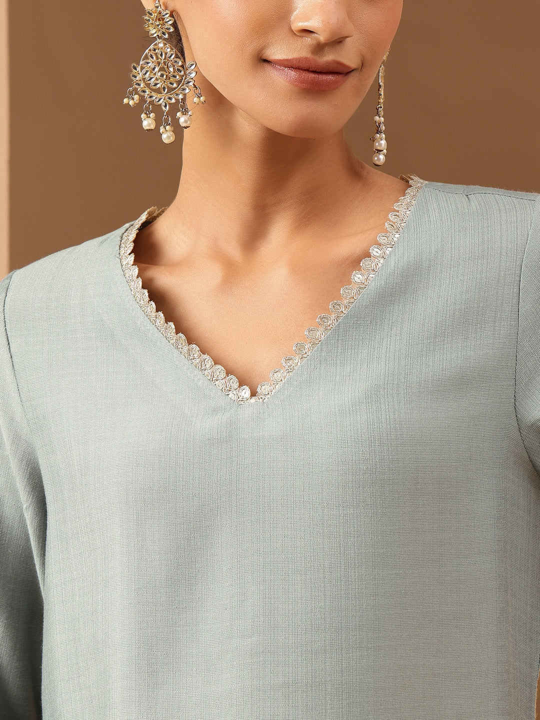 Naari By Shree Women's Powder Blue Silk Blend Embellished Straight Kurta Set With Printed Jacquard Dupatta