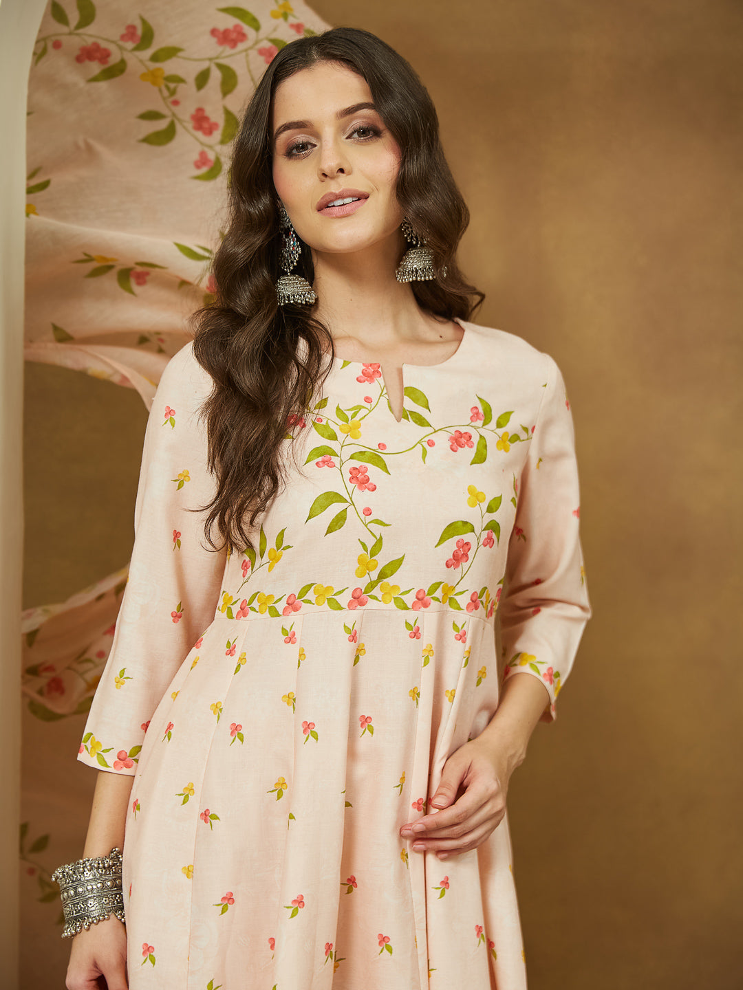 Naari By Shree Women's Peach Cotton Blend Floral Printed Anarkali Kurta Set