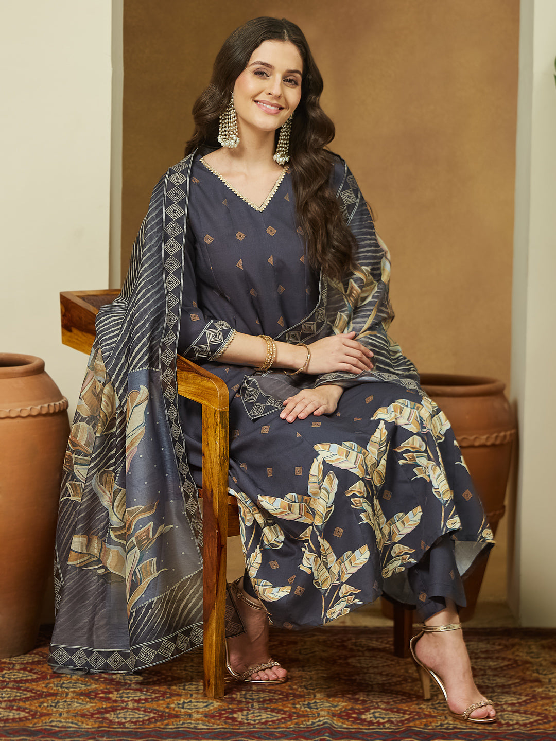 Naari By Shree Women's Black Cotton Blend Embllished A-line Kurta Set