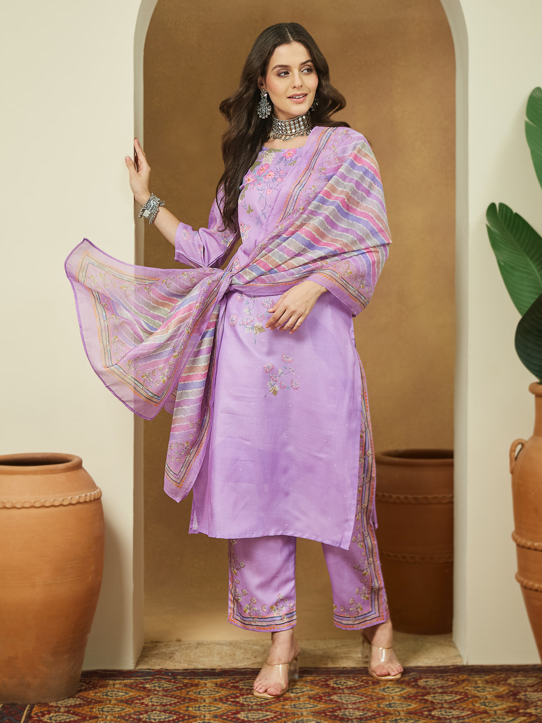 Naari By Shree Women's Lavender Cotton Blend Floral Printed Straight Kurta Set