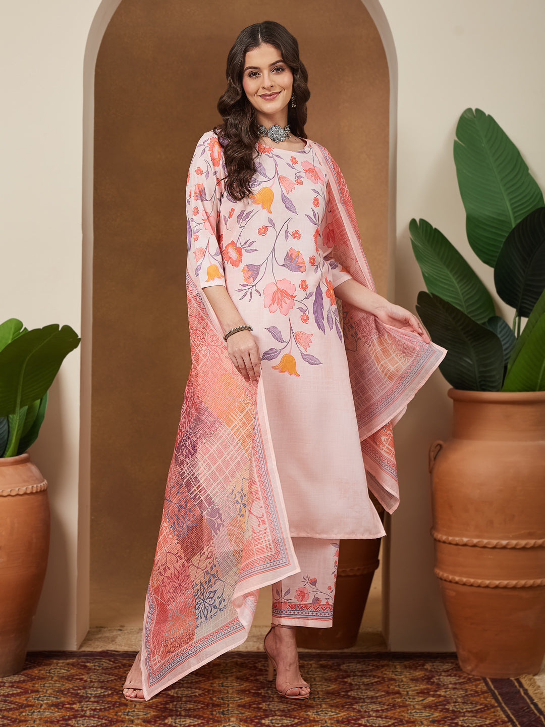 Naari By Shree Women's Peach Cotton Blend Floral Printed Straight Kurta Set