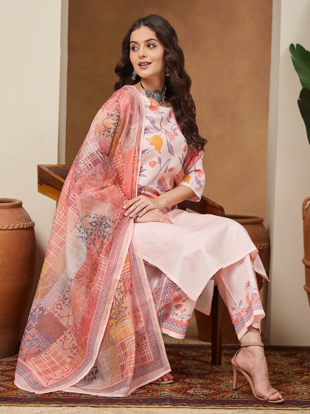 Naari By Shree Women's Peach Cotton Blend Floral Printed Straight Kurta Set