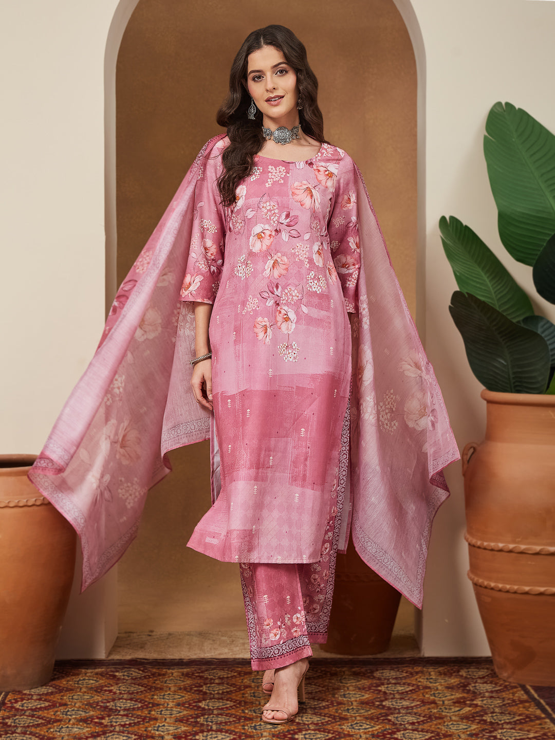 Naari By Shree Women's Pink Cotton Blend Floral Printed Straight Kurta Set