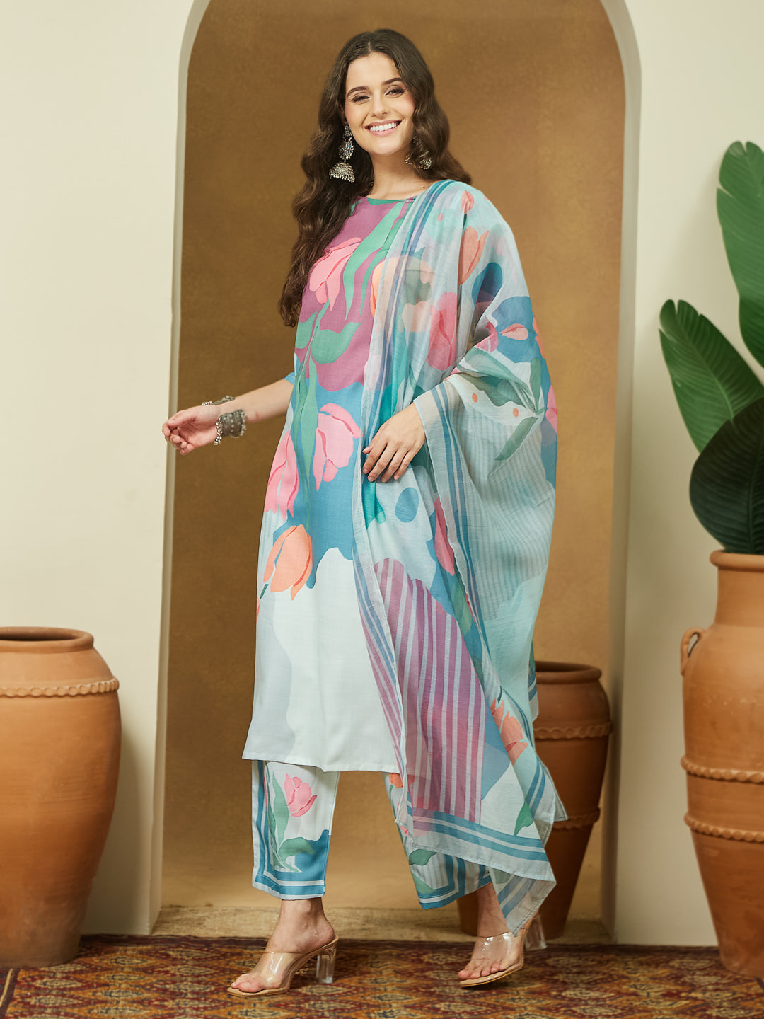 Naari By Shree Women's Multicolor Cotton Blend Abstract Printed Straight Kurta Set